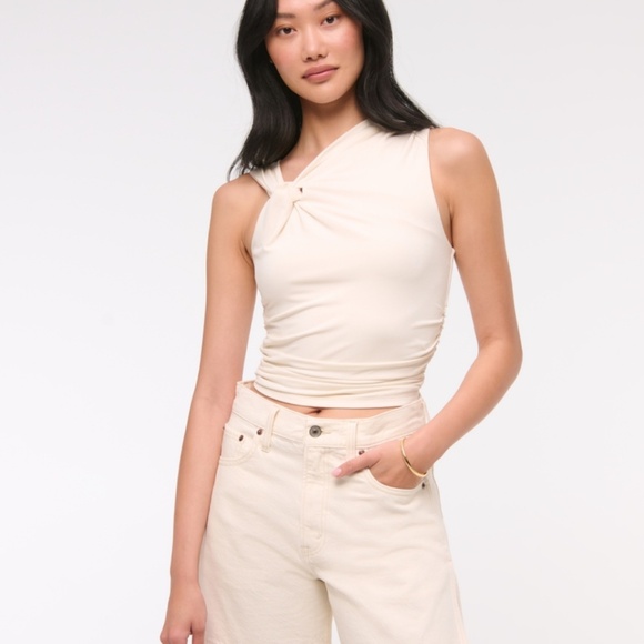 Abercrombie High Rise Dad Short Frayed Hem Button Fly in Cream Neutral Sz 26 - Picture 3 of 5